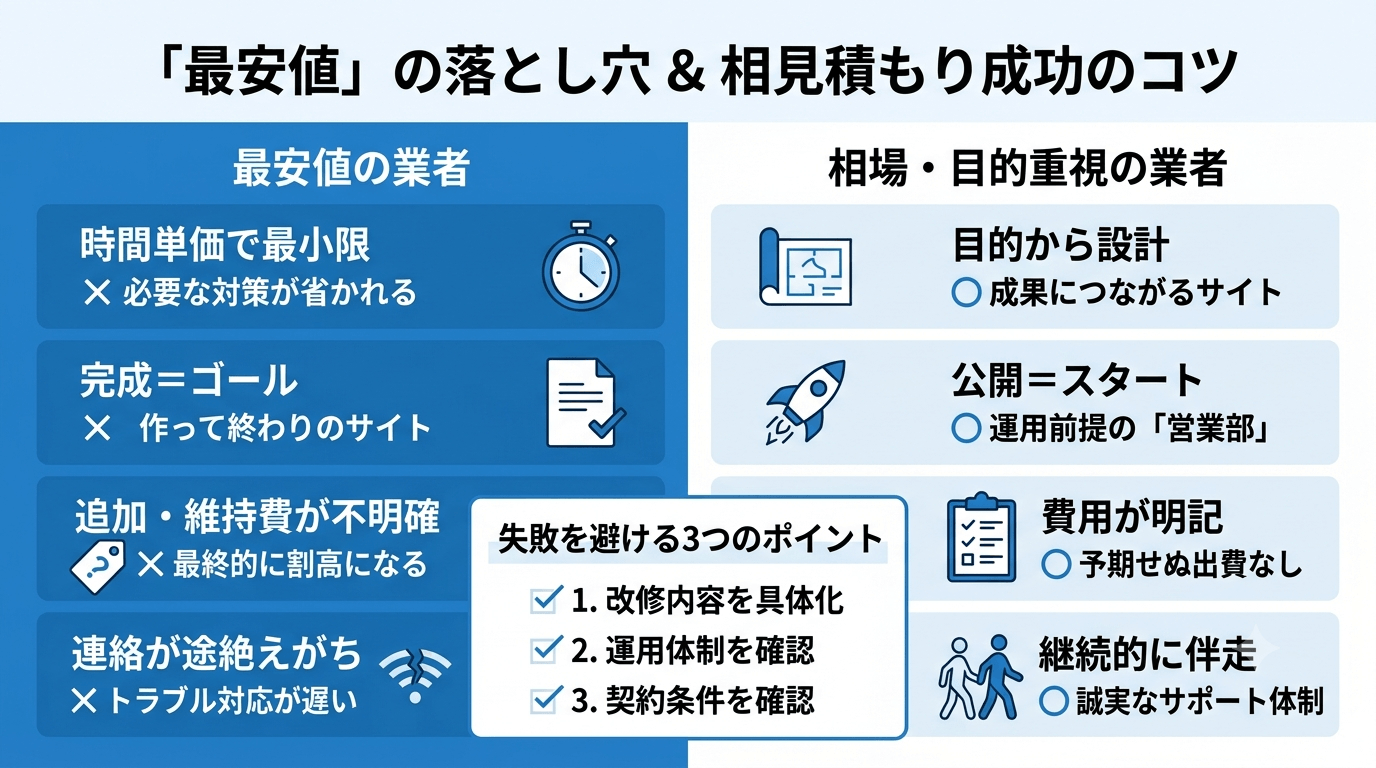 「最安値のホームページ制作業者」と「相場・目的重視の業者」の違い(サポート体制・SEO・費用など)を比較した図解